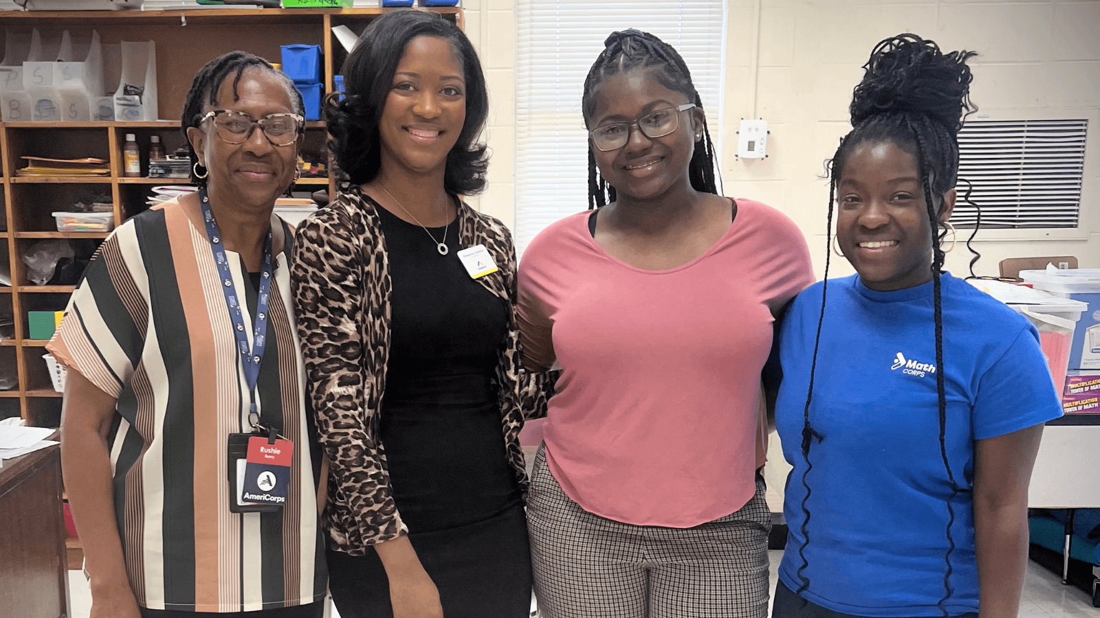 Photo caption: Math Corps tutors Rushie Berry (left), Kamryn Spence (second from right) and Shanteria Gaines (right) with program ED, Dr. Shawonna Coleman (second from left) .